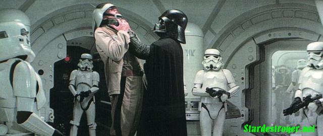 Lord Vader throttles the traitorous criminal known as Captain Antilles, after capturing his puny starship