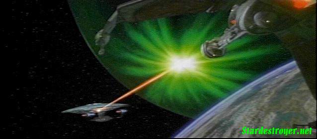 The Enterprise-D fires phasers on a Klingon Bird of Prey