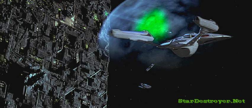 A Borg cutting-laser is dispersed by the Enterprise-E's shielding system
